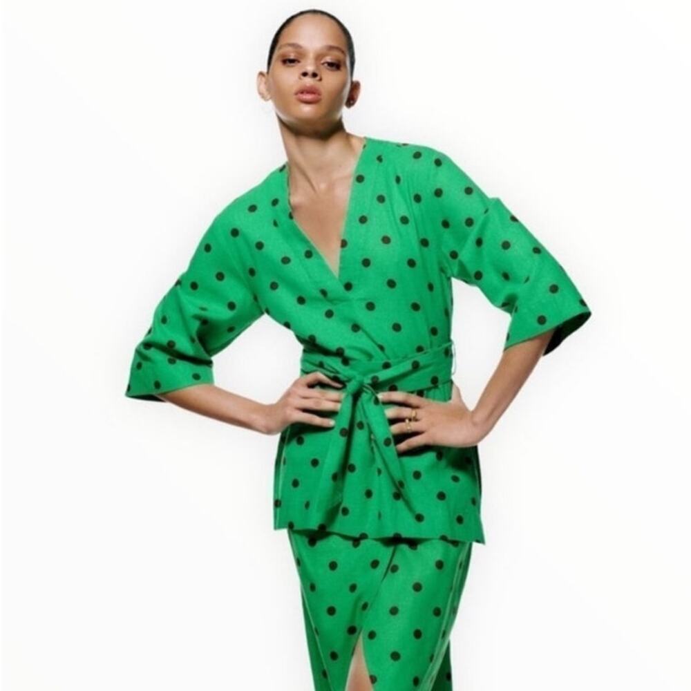 Zara Belted Top Blouse Womens Sz XL Polka Dot Linen Blend Kaftan Tunic Retro - Picture 3 of 8